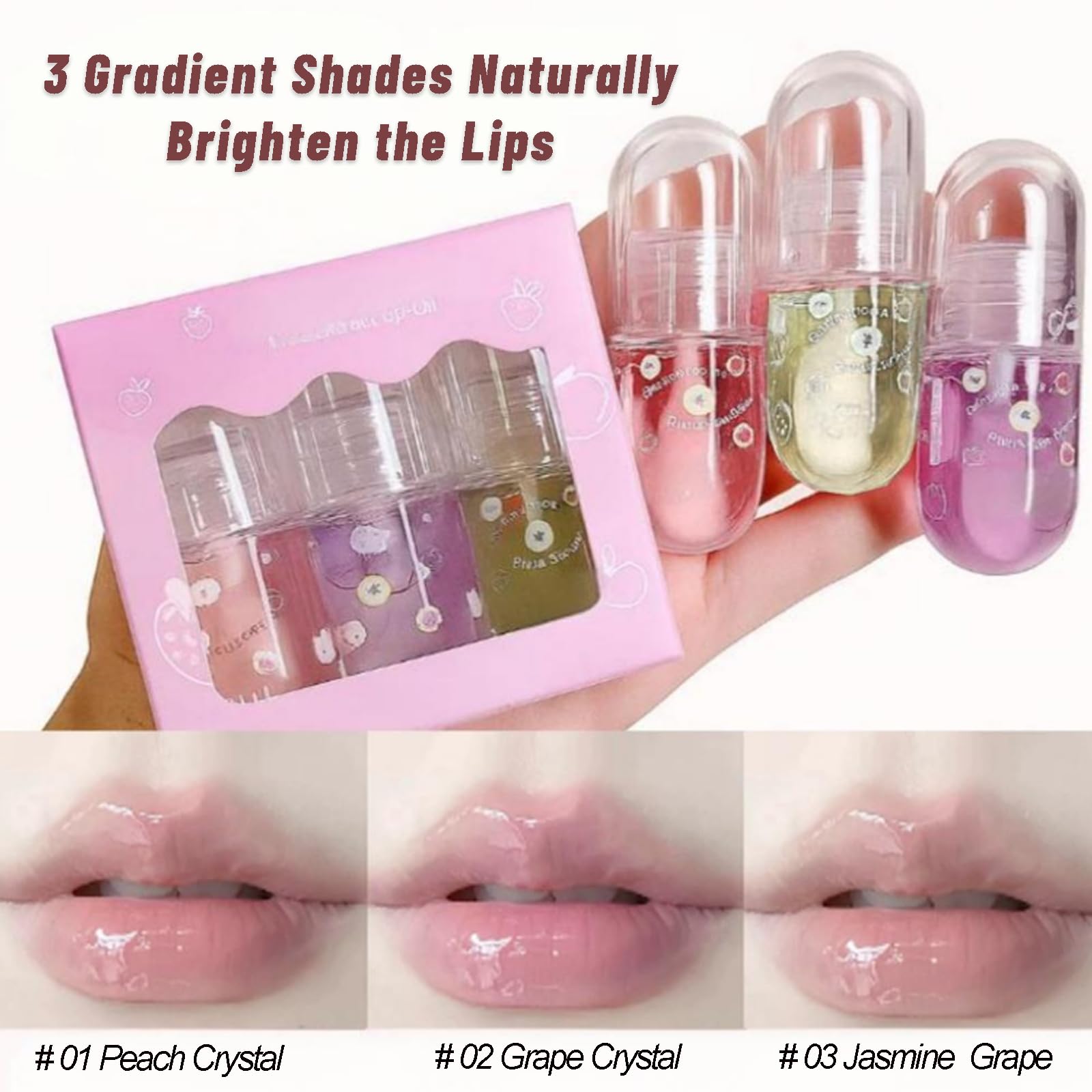 3PCS Fruit Hydrating Lip Oil Set, Including Peach Crystal, Grape Crystal & Jasmine Grape - Image 3