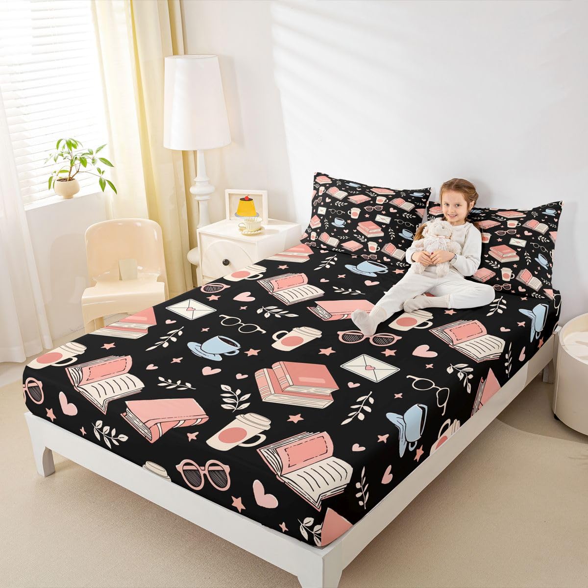 Homewish Czarno-różowe książki, prześcieradło z gumką w rozmiarze king size, urocze kubki do kawy i herbaty, głęboka kieszeń, 40 cm, romantyczne okulary, listy miłosne, zestaw pościeli z liśćmi