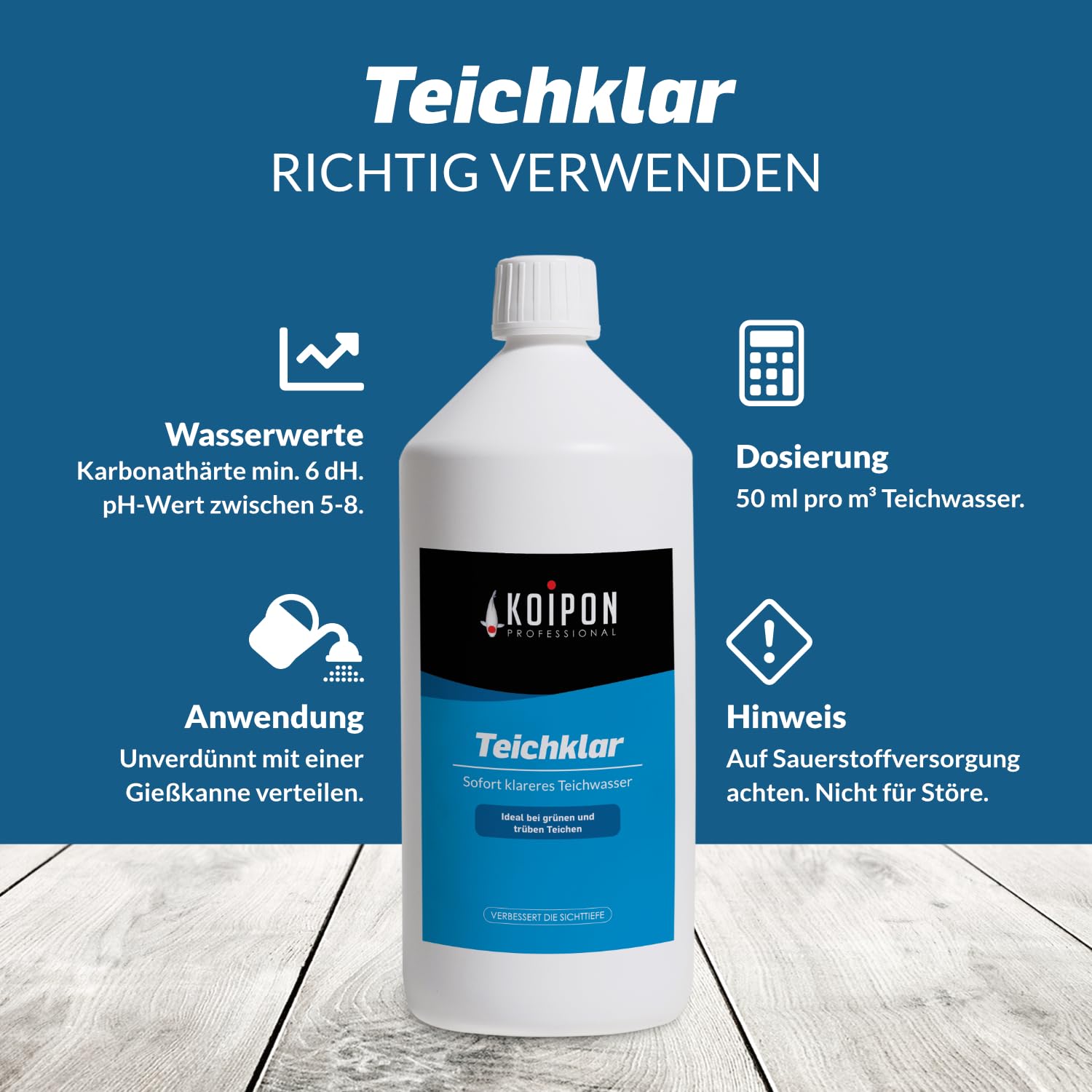 KOIPON Teichklar 1L Teichwasseraufbereiter für klares Teichwasser | Teichklärer gegen Schwebealgen, grünes und trübes Wasser | Reduziert Phosphat und Schwermetalle