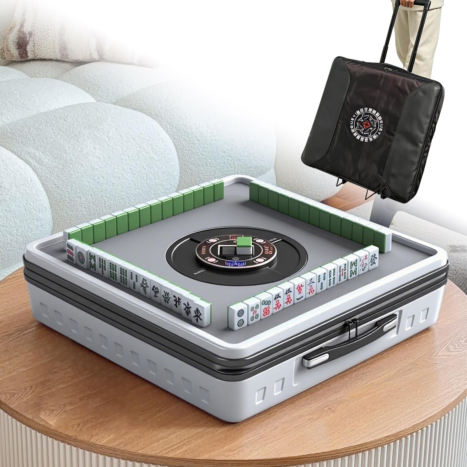 Automatic Mahjong Table, Portable Electric Mahjong Table with 152 Magnetic Tiles incl. Joker Tiles, for Outdoor & Home Fun, Compatible with Both Chinese and American Mahjong, White