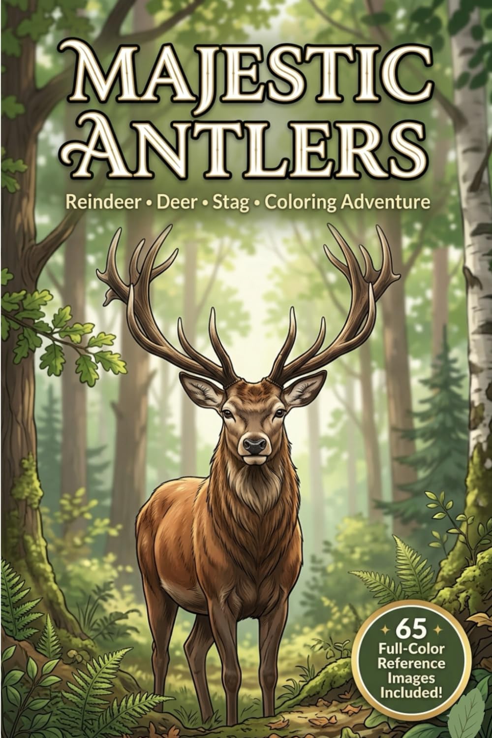 Majestic Antlers: Reindeer, Deer, and Stag Coloring Adventure: 65 Detailed Nature Illustrations with Full-Color Reference Guides for Inspiration – Portable 6 x 9 Inch Wildlife Art Book