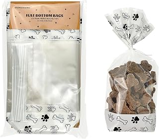 EKAPACKAGING 25 Pack 4.3x8.3" Clear Paw Print Dog Treat Bags with Twist Ties - Flat Bottom Cellophane for Pet Party Favors & Homemade Treats