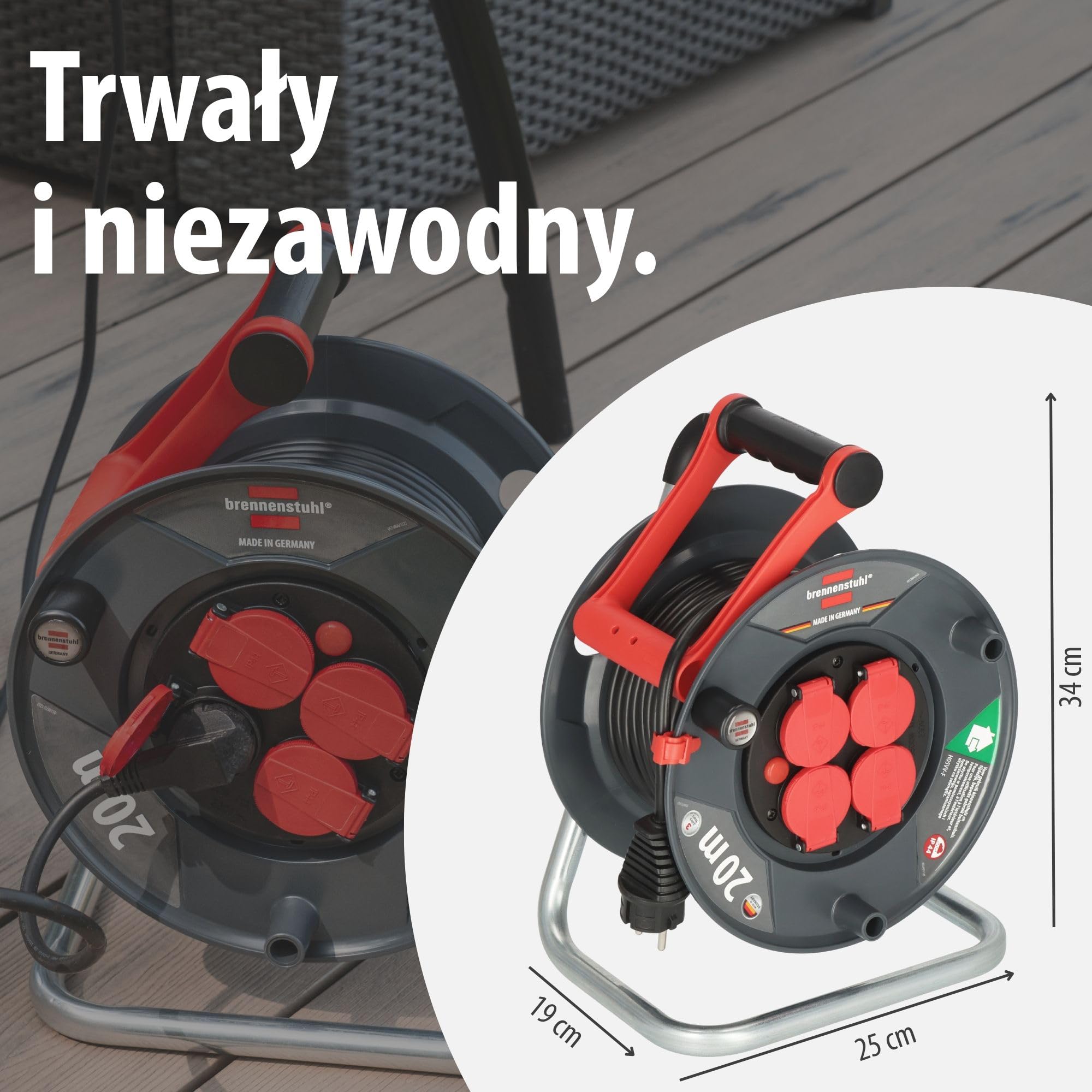 Brennenstuhl Garant V2 IP44 Zewnętrzny przedłużacz bębnowy 40 m (wyprodukowany w Niemczech, 4 gniazda ze wzmocnioną ochroną przed dotykiem, specjalne tworzywo sztuczne)