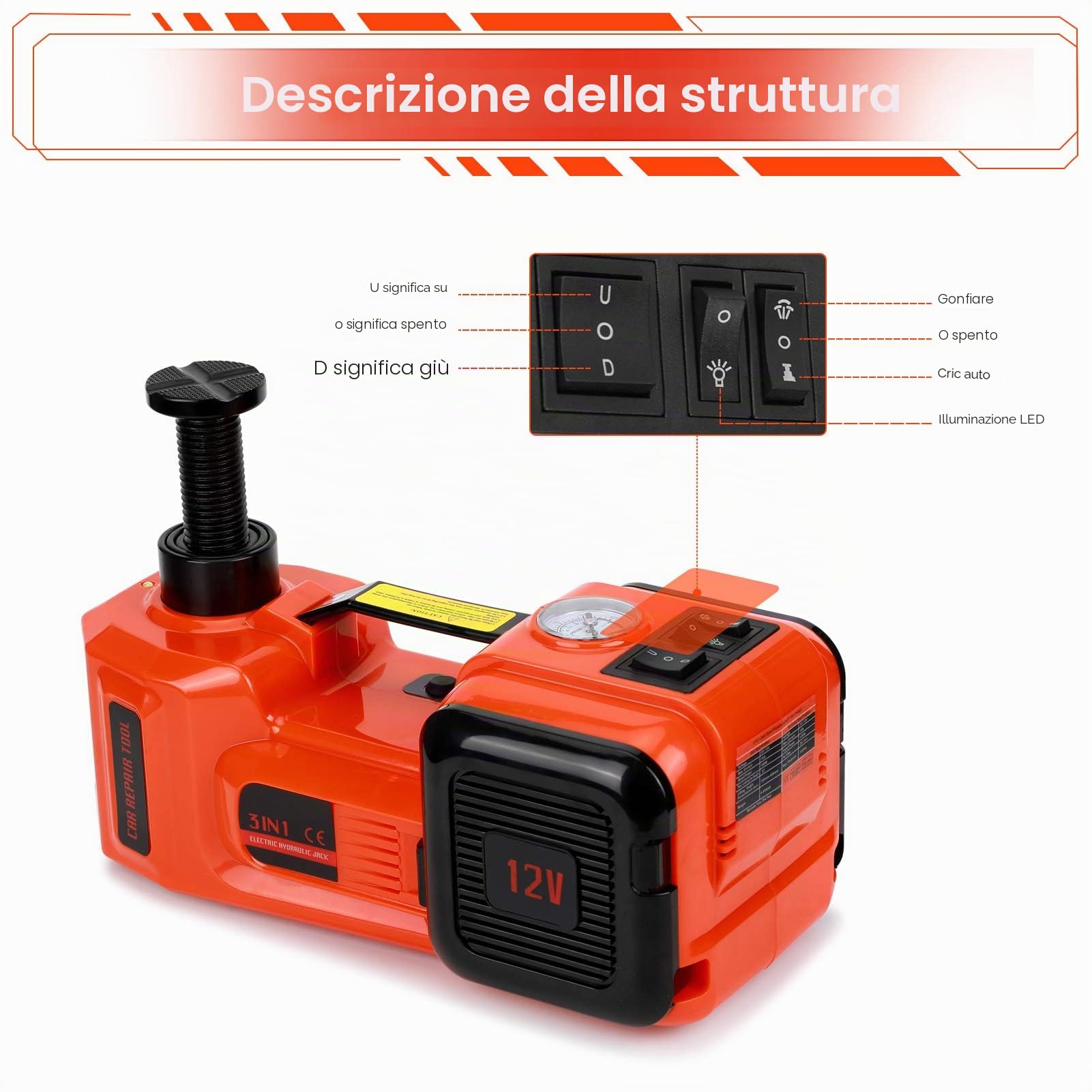Martinetto Elettrico per Auto, 5 Tonnellate, 12V DC, Sollevatore Auto per Garage e Emergenze