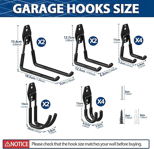 Miniatura 2 de 3-H Paquete de 14 ganchos de pared de garaje, ganchos de garaje resistentes con puntos de soldadura adicionales, organizador de almacenamiento de