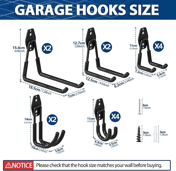 3-H 3-H Garage Hooks Heavy Duty, Garage Wall Hooks 14PC, Skateboard Wall Mount with 3 Welding Spot for Organizing Power and Garden Tools, Ladder, Ropes, Chair, Shovel (Black) in use