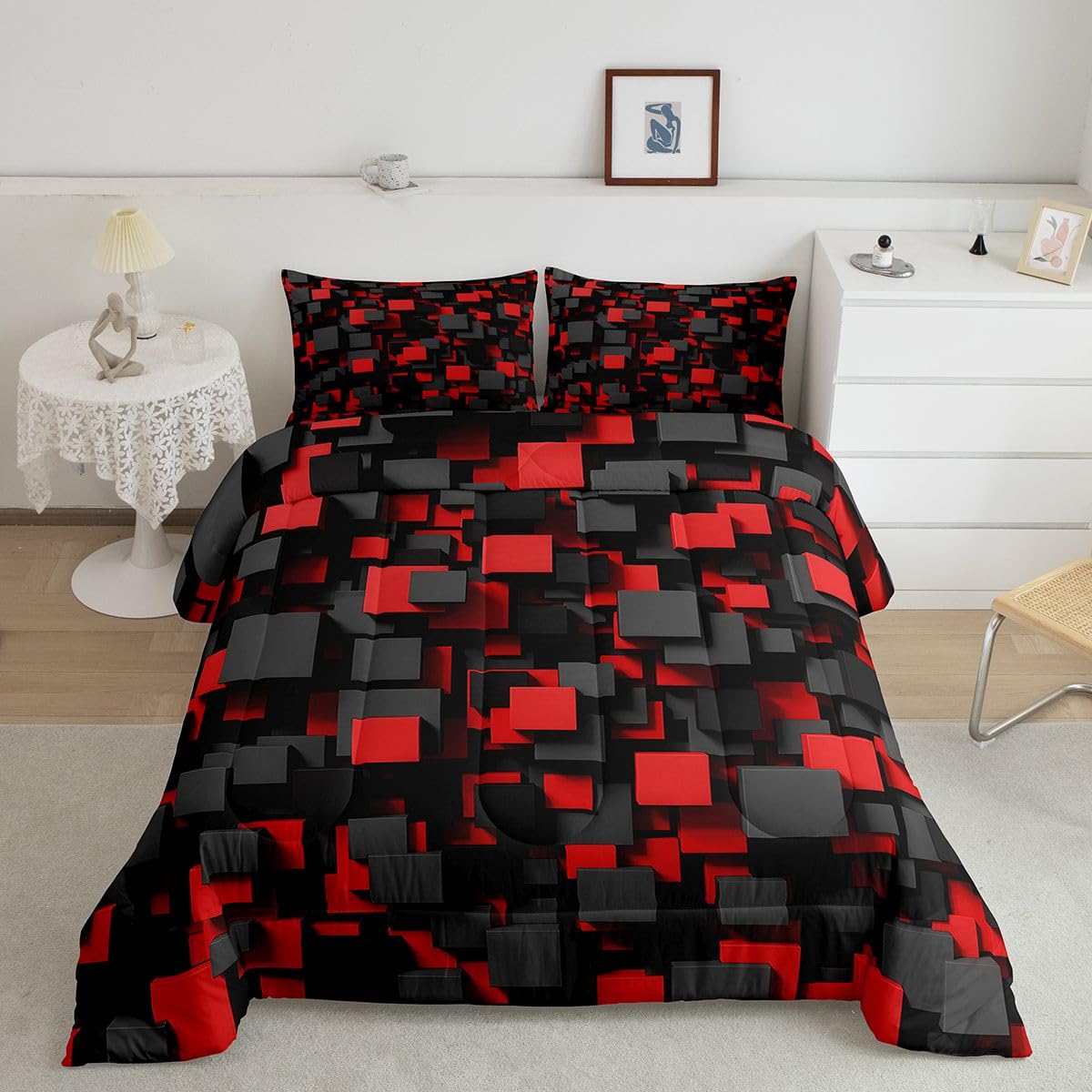 Homemissing Dzieci czerwony czarny zestaw pościeli king size geometryczna kołdra kołdra dla chłopców dziewcząt nastolatków sypialnia dekoracja abstrakcyjna nowoczesna oddychająca miękka mikrofibra