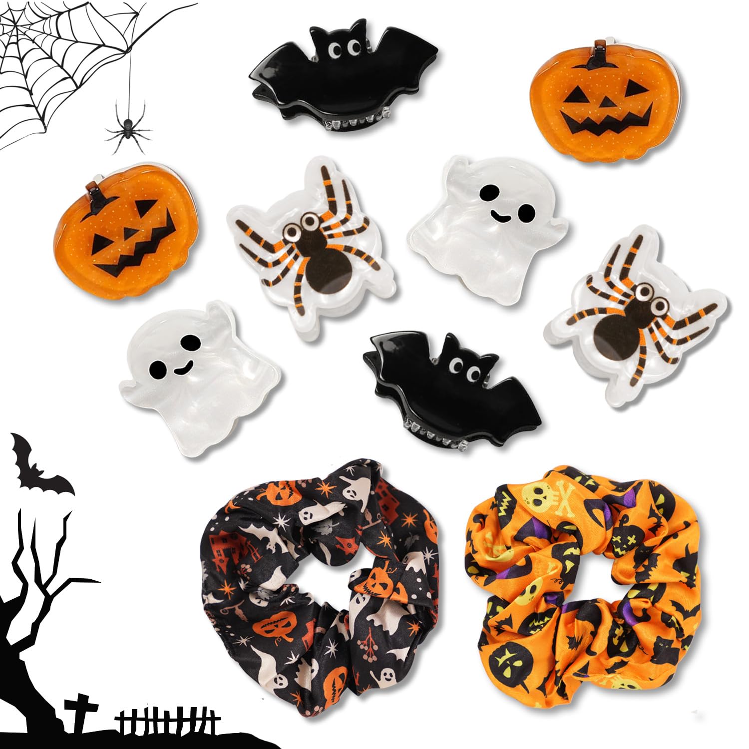 Halloween Hair Clips Sets, 8PC Small Halloween Hair Claw Clips and 2 Hair Ties, Pumpkin Ghost Bat Spider Shape Mini Hair Clips for Girls, Cute Hair Accessories