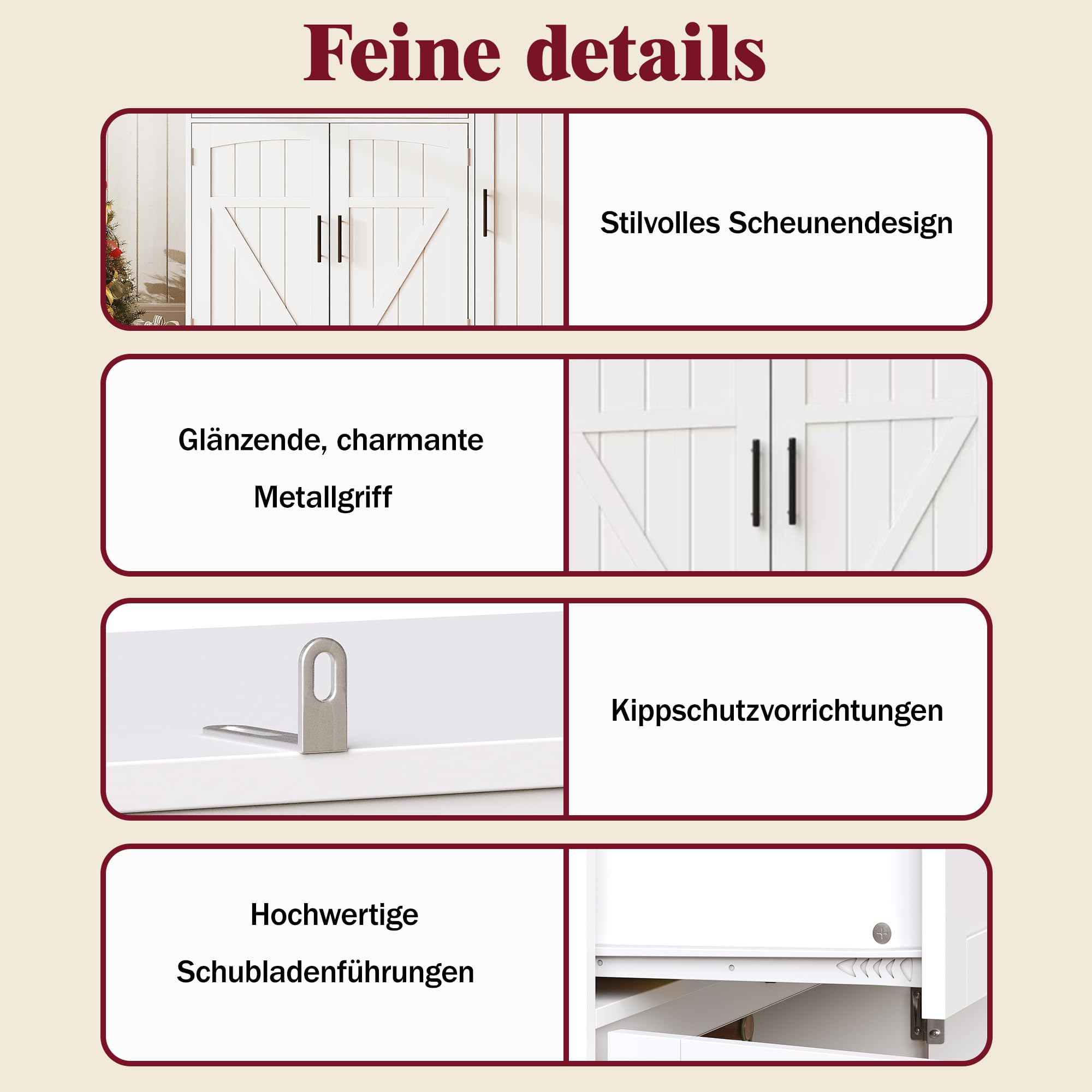 Seitenschrank, Aufbewahrungsschrank, Küchenschrank, 110x38x180 cm, Landhausstil, fünf Türen, mit LED-Leiste und Steckdose, Weiß