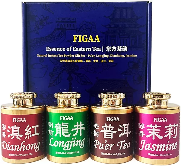 FIGAA Premium Instant Tea Gift Set 4 Flavors, Hot or Iced Tea Mix Powder—Unsweetened,No Additives,100% Natural Pure Leaf Extract (Black/Green/Jasmine/Pu-erh) For Energy & Focus,Brain Health,Skin,Immunity. quick-dissolve,fast brew,200-400 Cups,Classic Chinese Teas,quik ice tea