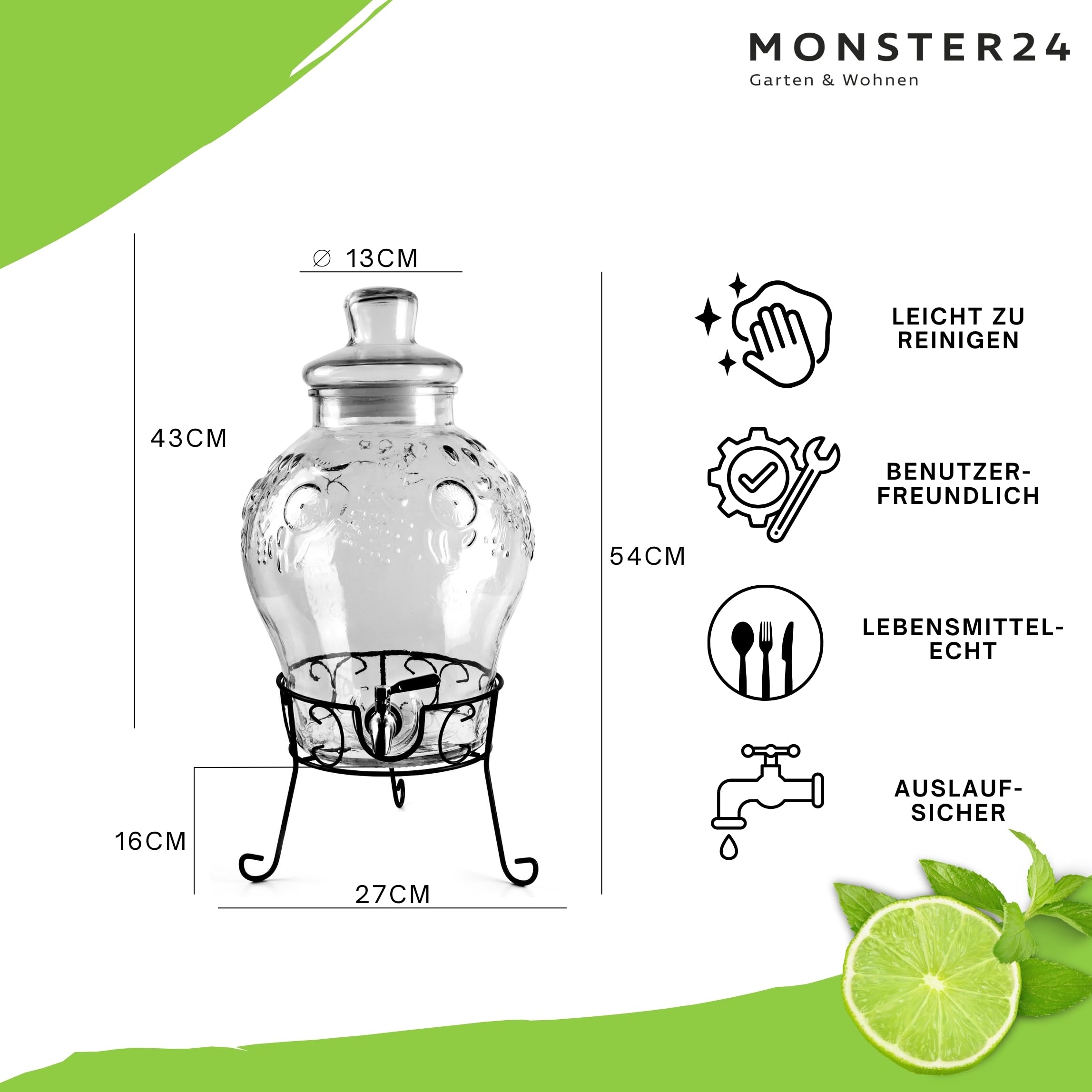Monster24 10 Liter Getränkespender mit tropfsicherem Zapfhahn aus Edelstahl – Wasserspender, Bowle-Gefäß aus Glas mit stabilem Metallständer und Glasdeckel – BPA-freier Limonadenspender