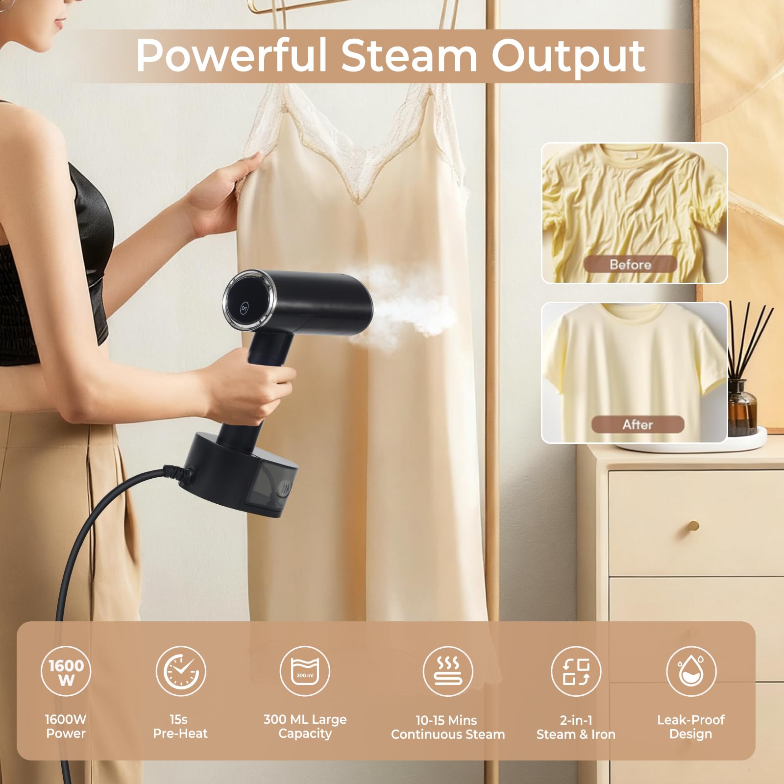 Souvik Ferro da Stiro a Vapore Portatile 1600W con Serbatoio 300ml, Preriscaldamento 15 Secondi, Professionale per Abbigliamento, Completo di Guanto – Ideale per Viaggi, Ufficio e Casa