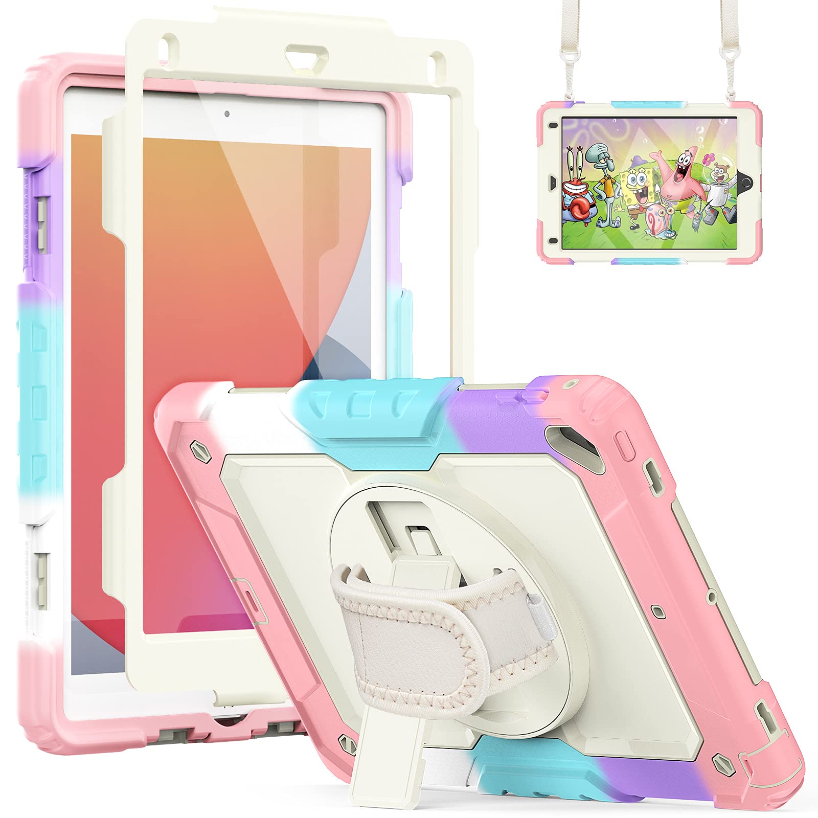 AVAKOT Case for iPad 9.7 6th/5th 2018/2017 / Air 2 / Pro 9.7,Heavy Duty Kids Case with Built-in Screen Protector Swivel Kickstand Hand Strap & Shoulder Strap Case for iPad 9.7 inch-Colourful Pink
