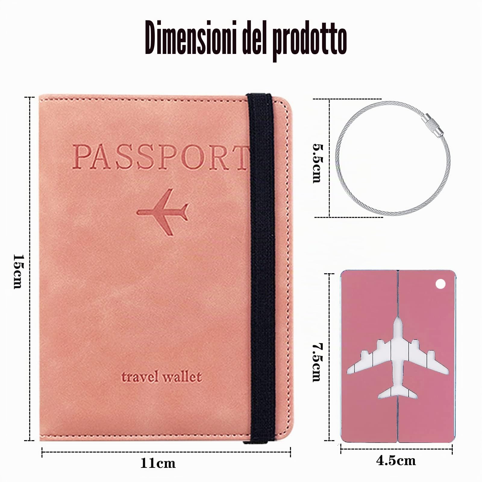 Toctax Custodia per Passaporto con Etichetta per Bagaglio, Custodia per Passaporto con Blocco RFID, Custodia Protettiva per Carte di Credito, Porta Carte, D'identità e Documenti di Viaggio（Rosa）