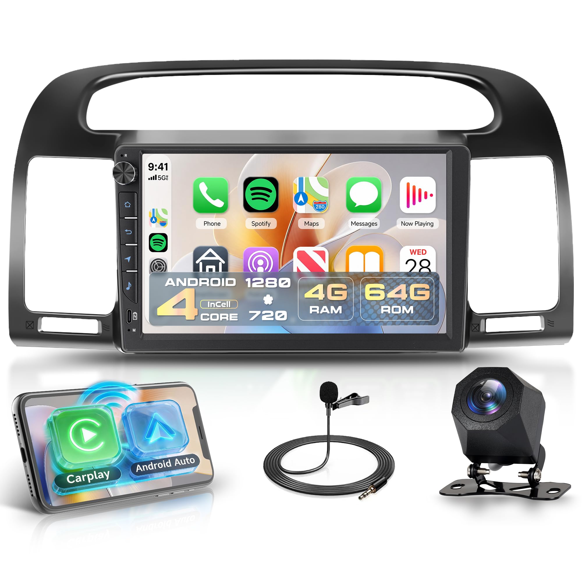 rimoody 4g+64g car stereo radio for toyota camry 2000-2006 physical buttons | android 15 9 inch incell touchscreen wireless carplay android auto gps wifi bluetooth fm rds eq swc type-c backup camera