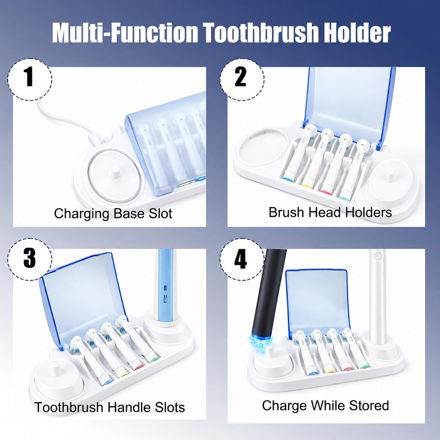 Electric Toothbrush Holder Compatible with Braun Oral-B Pro 1000 5000 8000 Vitality Stages – Charger Base Stand with Brush Head Cover – All-in-1 Storage Solution