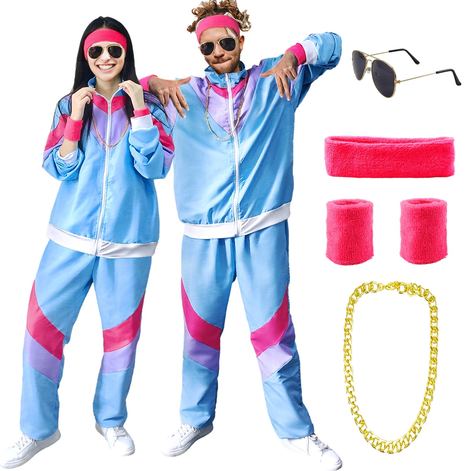 Kakamanon 90er 80er Jahre Kostüm Erwachsene, Retro Trainingsanzug für Männer Frauen, Retro Jogginganzug mit Stirnband Armbänder Brille, 80er 90er Kostuem Anzug Paare Bad Taste Outfit für Karneval