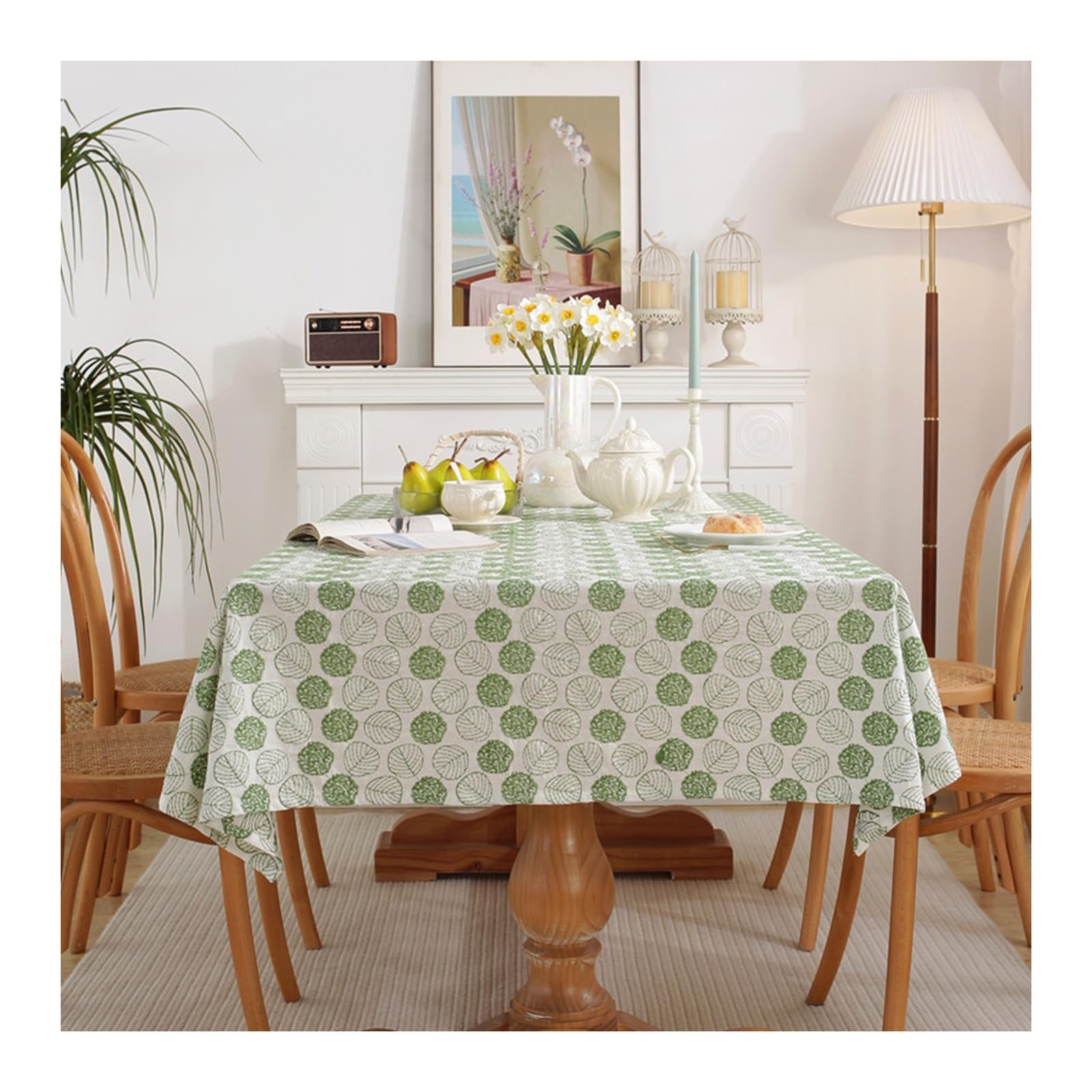 Nappe carrée brodée de feuilles vertes en coton blanc 130x130