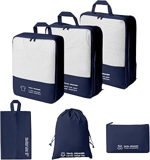 Compression Pack Cubes Set - 6 Pieces Lightweight Expandable Travel Travel Organizers for Suitcases, Travel Accessories for Carry-On Luggage (Navy Blue)