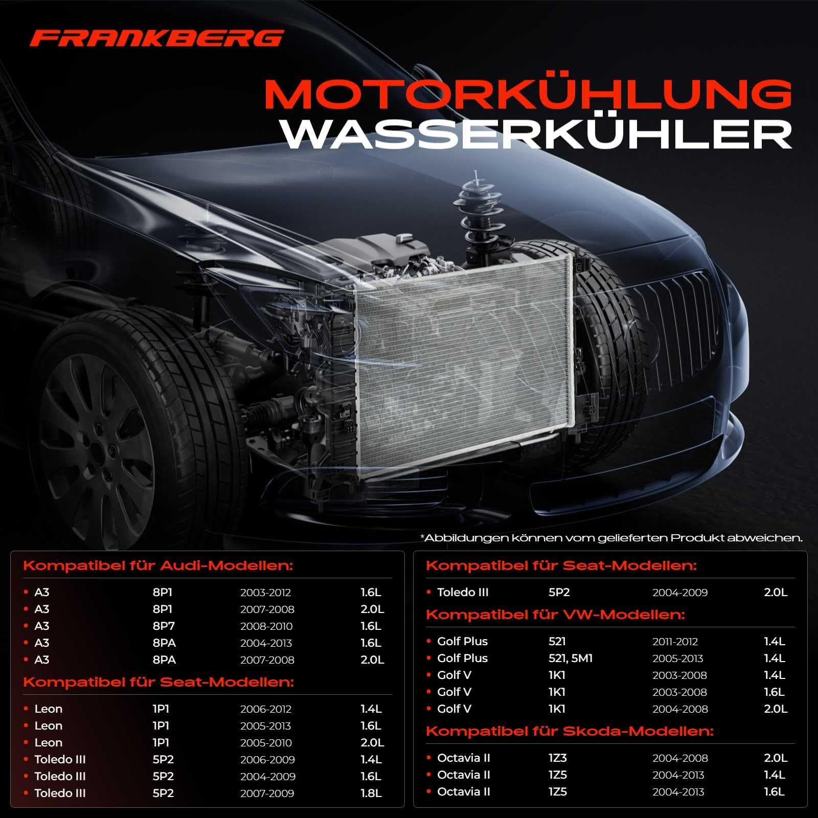 Frankberg Kühler Wasserkühler Motorkühler Schaltgetriebe Kompatibel mit A3 8P1 1.6L 2.0L 2003-2012 Altea 5P1 1.4L 1.6L 2.0L 2004-Heute O.c.t.a.v.i.a I 1U2 1Z3 Replace# 1K0121251E
