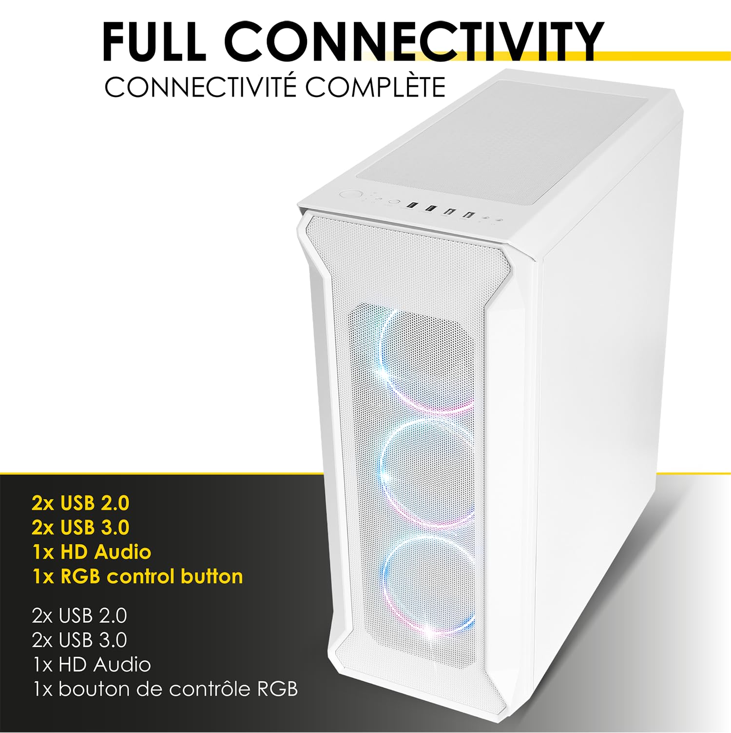 EMPIRE GAMING – Caja PC Gamer DarkWitcher - ARGB Torre Mediana ATX – Frontal Metal Mesh y Pared Lateral de Vidrio Templado – 4 Ventiladores 5 Voltios PWM LED RGB direccionables 120 mm - Blanco