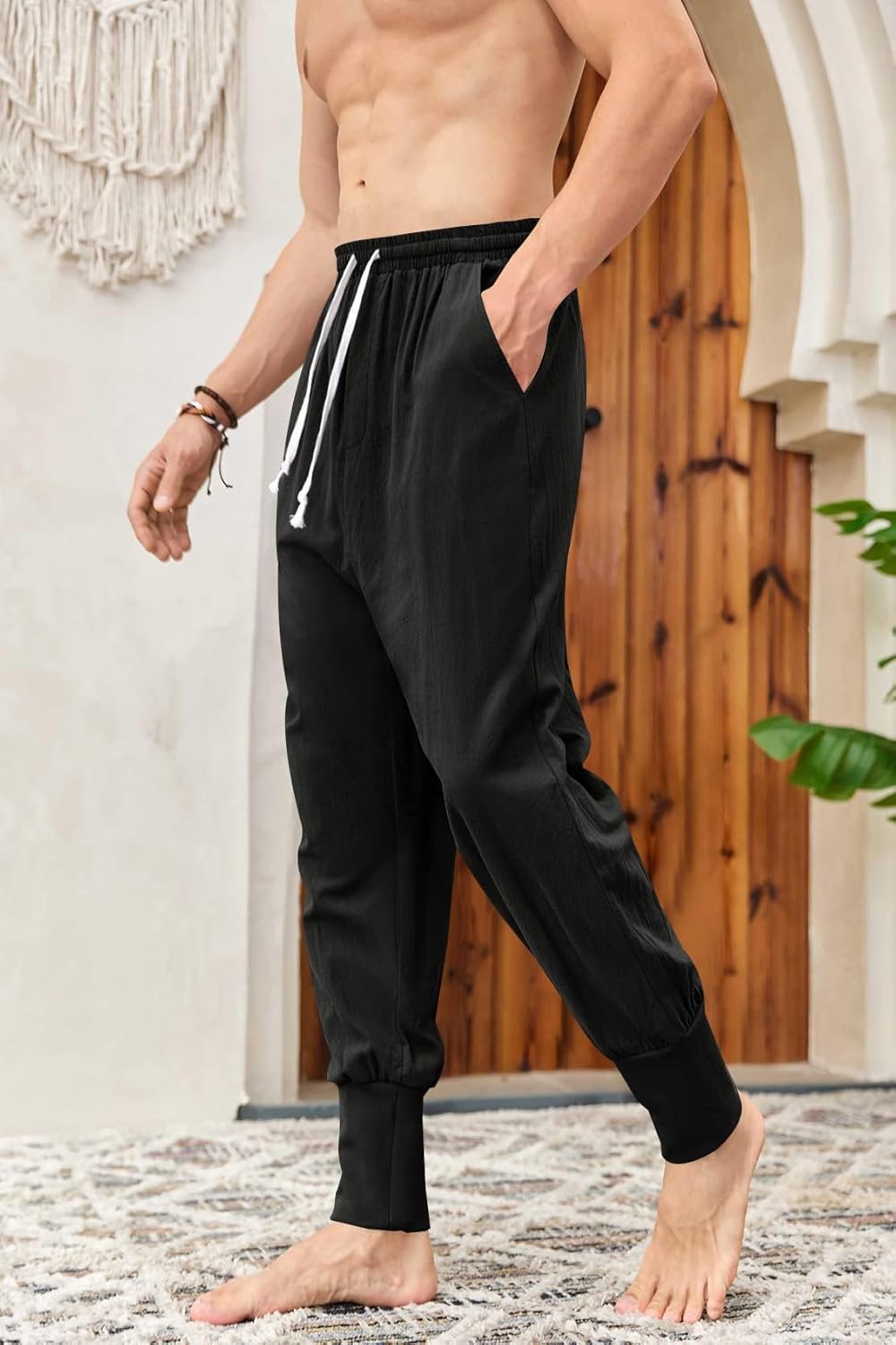 Mens Linen Harem Pants Lightweight Drawstring Elastic Waist Baggy Joggers Casual Cargo Sweatpants Pant - Image 6