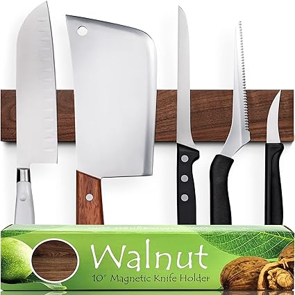Premium 10 Inch (Small Size) Dark Walnut Wood Magnetic Knife Holder Professional Wooden Magnetic Knife Strip - Space-Saving Knife Rack/Knife Bar With Powerful Magnetic Pull Force (Upgraded Version)