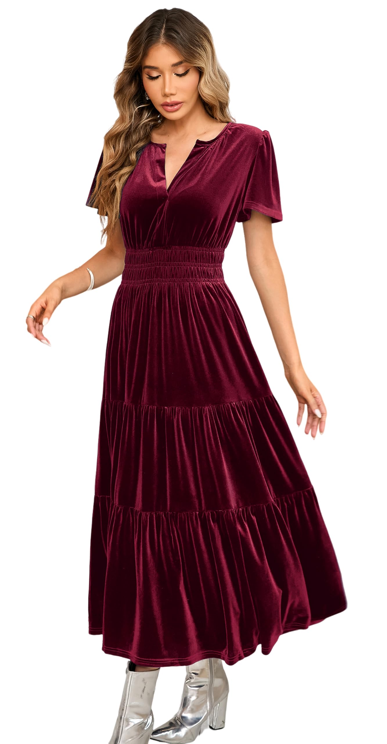 R Vivimos Womens Fall Winter Vintage Velvet Dress Short Sleeve V Neck Elastic Waist Tiered Ruffle A-Line Flowy