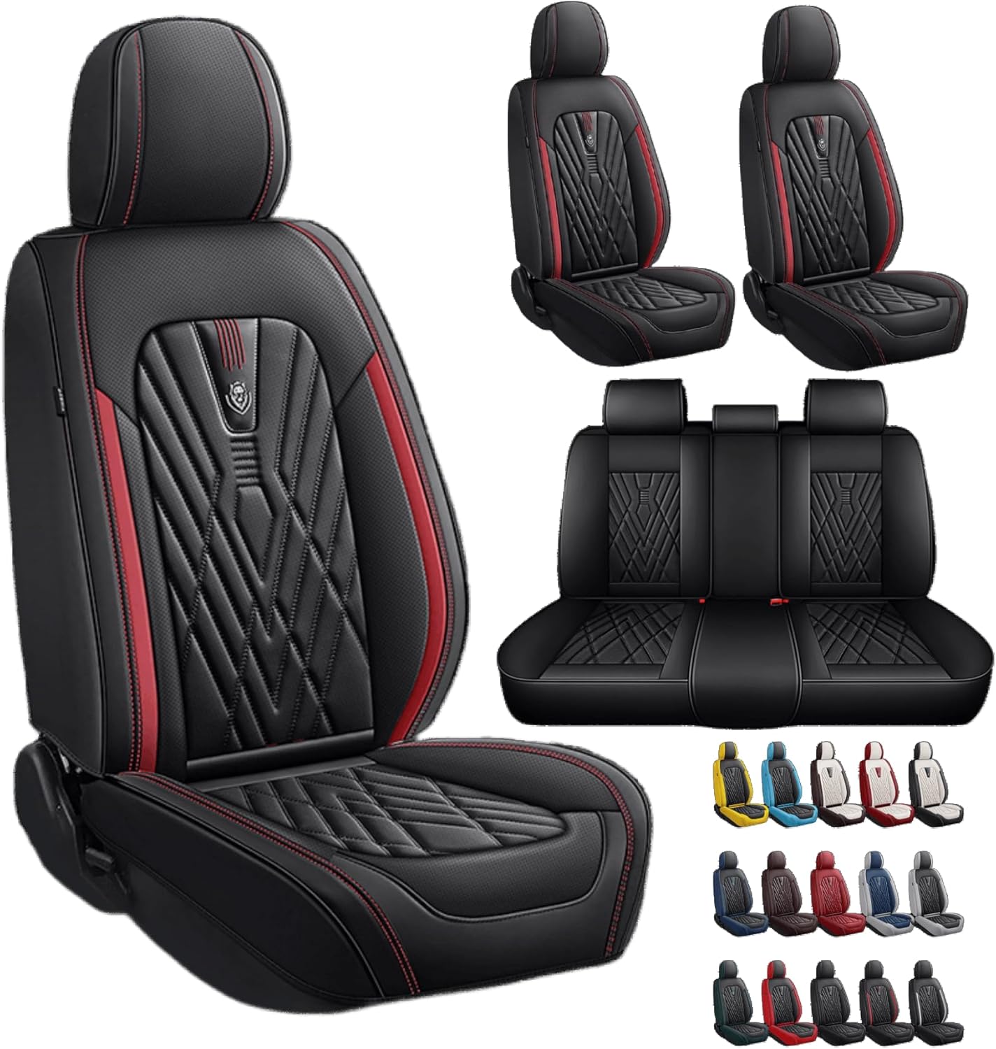 Water Proof Breathable Nappa Leather Car Seat Covers Universal Fit for Most Sedan SUV Truck Vehicle Seat Proctectors Cushions (Black Red line, Full Set 5 Seats)