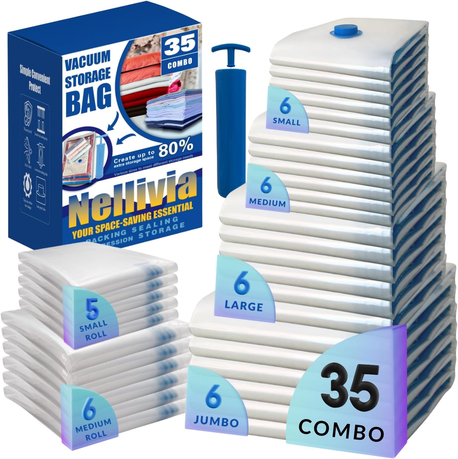 35 Pack Vacuum Storage Bags with Pump, Compression Space Saver for Comforters, Bedding, Blanket Storage, Vacuum Seal Bags for Clothing, Luggage and Closet Organizer, Safe Poly Material