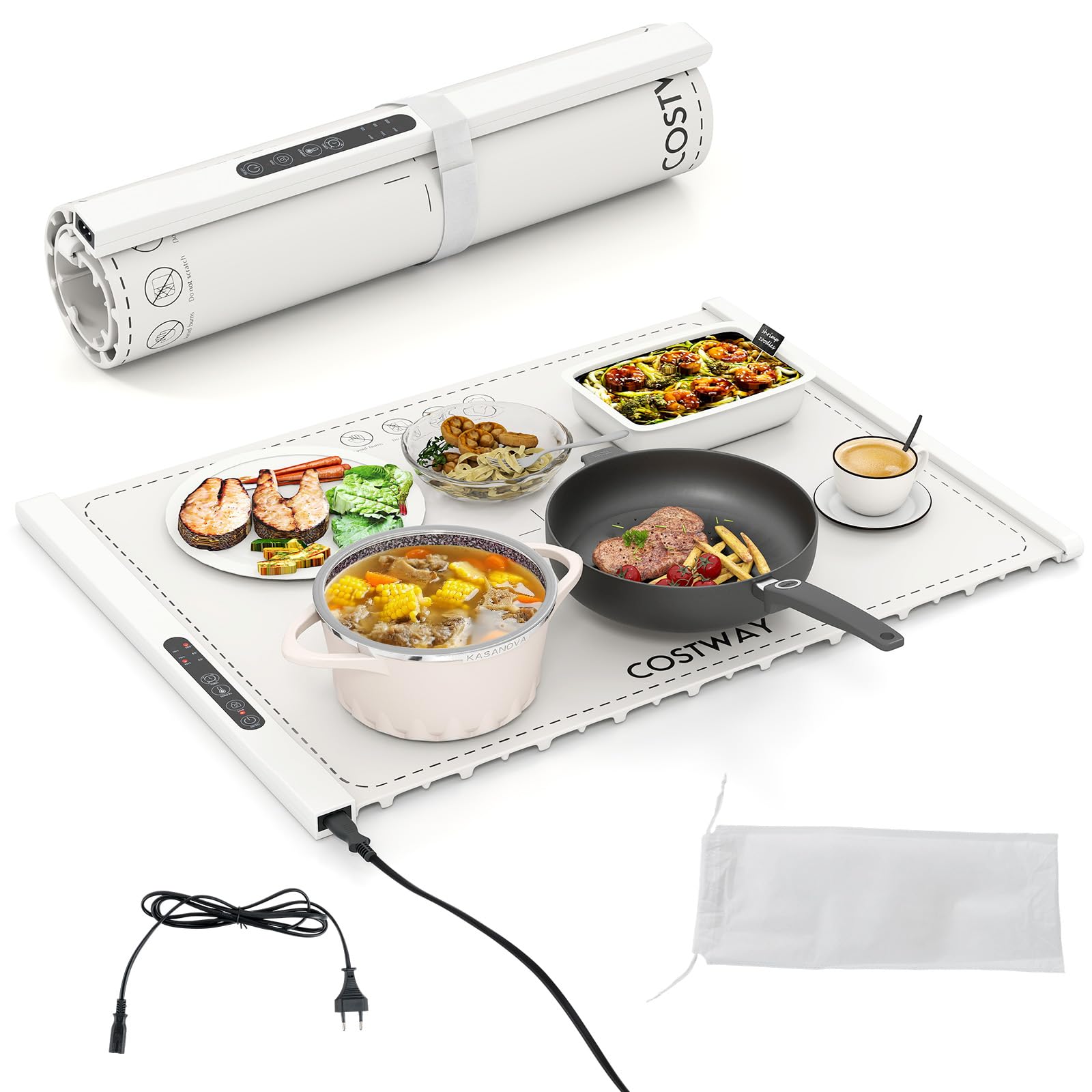 COSTWAY Chauffe Plat Électrique Pliable, Tapis Chauffant en Silicone pour Aliments, Plateau Chauffant Portable avec Température et Minuterie Réglables, pour Fêtes, Buffets, Réunions (Blanc)