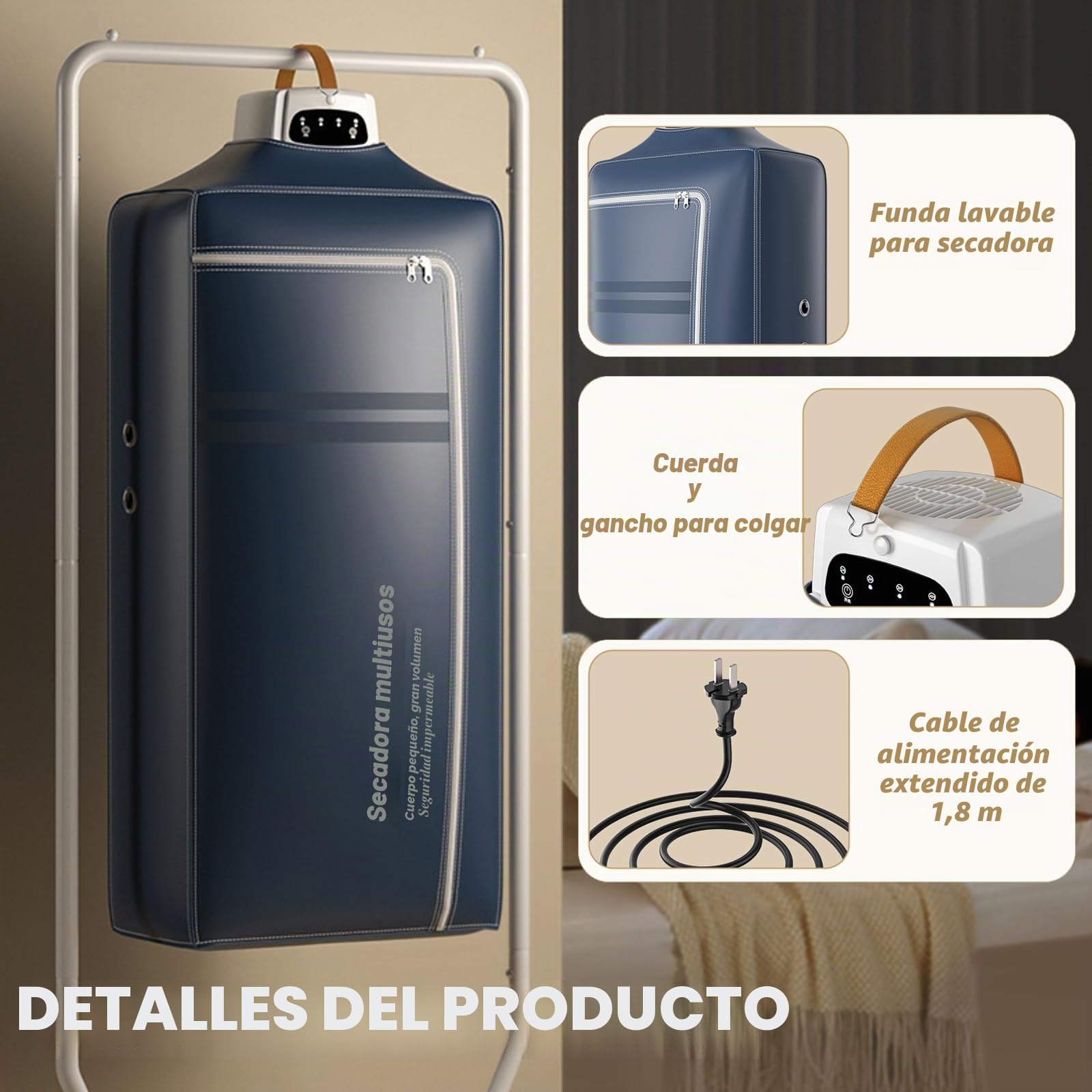 Secador de ropa portátil pequeño, mini secadora plegable con temporizador de 1-4H, secador de aire caliente eléctrico pequeño con bolsa de secado, secado 360°, mini secador para apartamento, casa