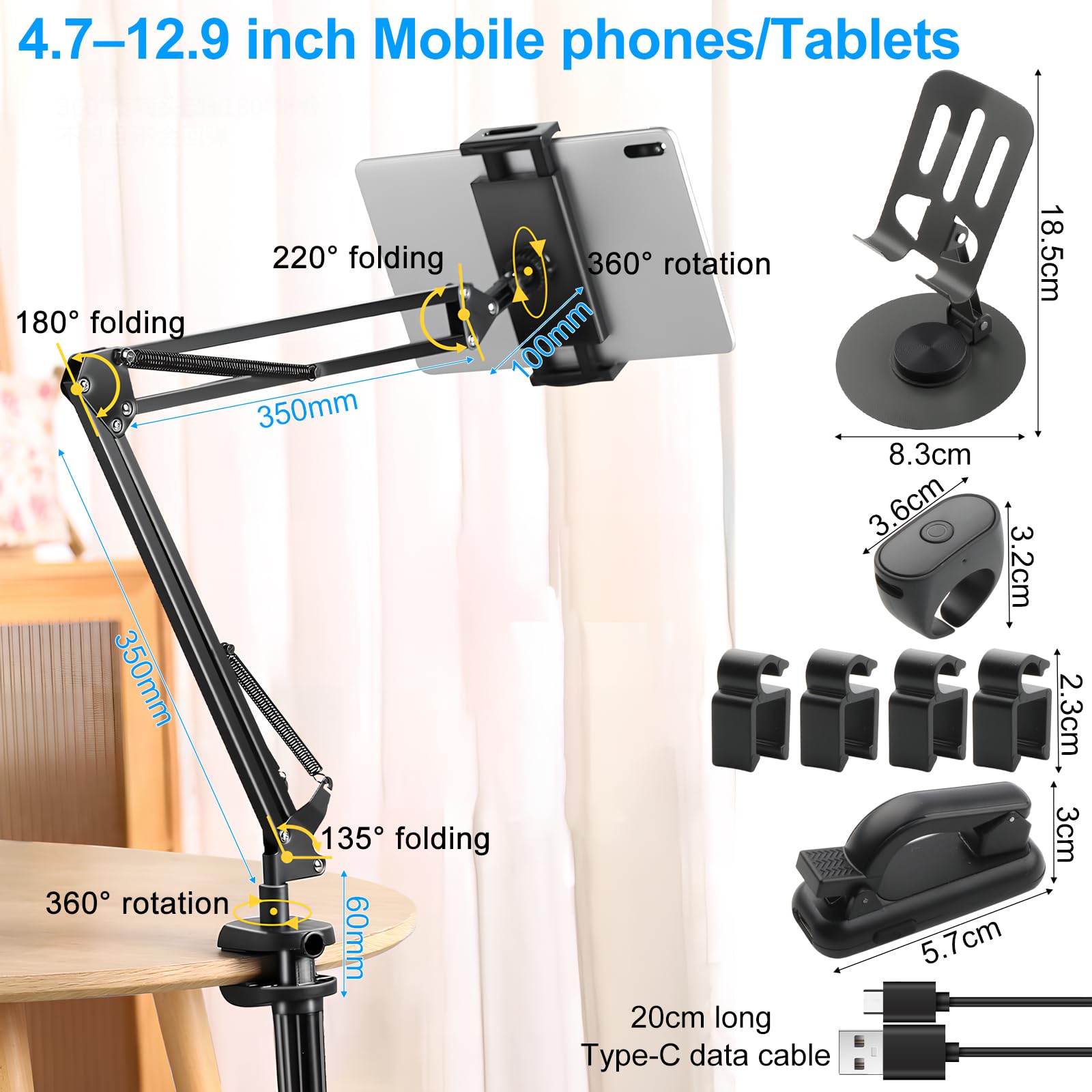 KingYH Support Réglable pour Tablette Lit avec Télécommande Kindle et Support Rotatif à 360° pour Téléphone Portable pour Kindle Paperwhite/Kobo/Pocketbook 4,7–12,9 Pouces Cadeaux pour Les Lecteurs