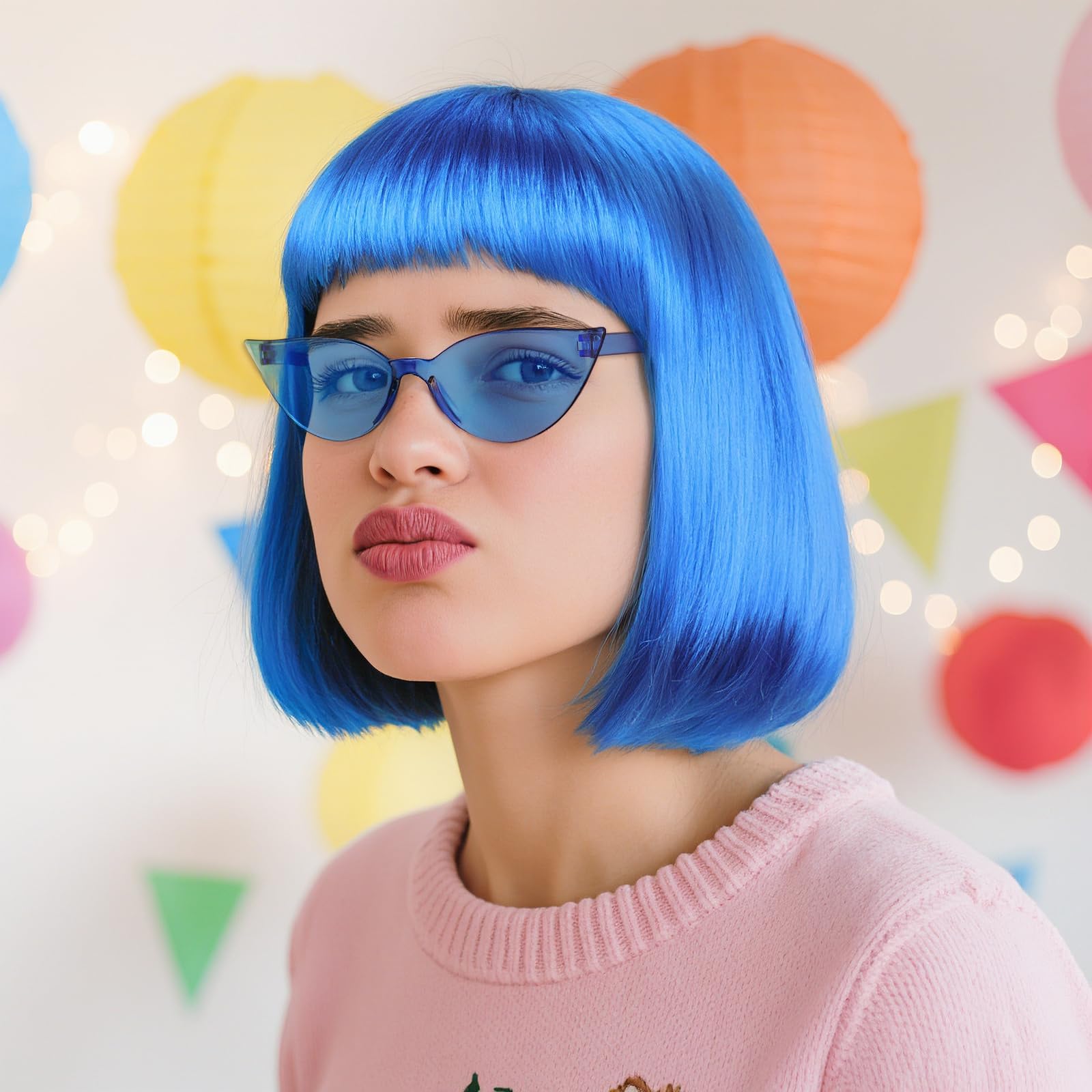 Short Blue Wig with Bangs 3 Pcs Dark Royal Blue Bob Wig Colorful Wigs for Women Natural Straight Funny Wigs for Women Party Cosplay Outfit Costume Halloween + Sunglasses + clarahead Hair Cap - Image 2