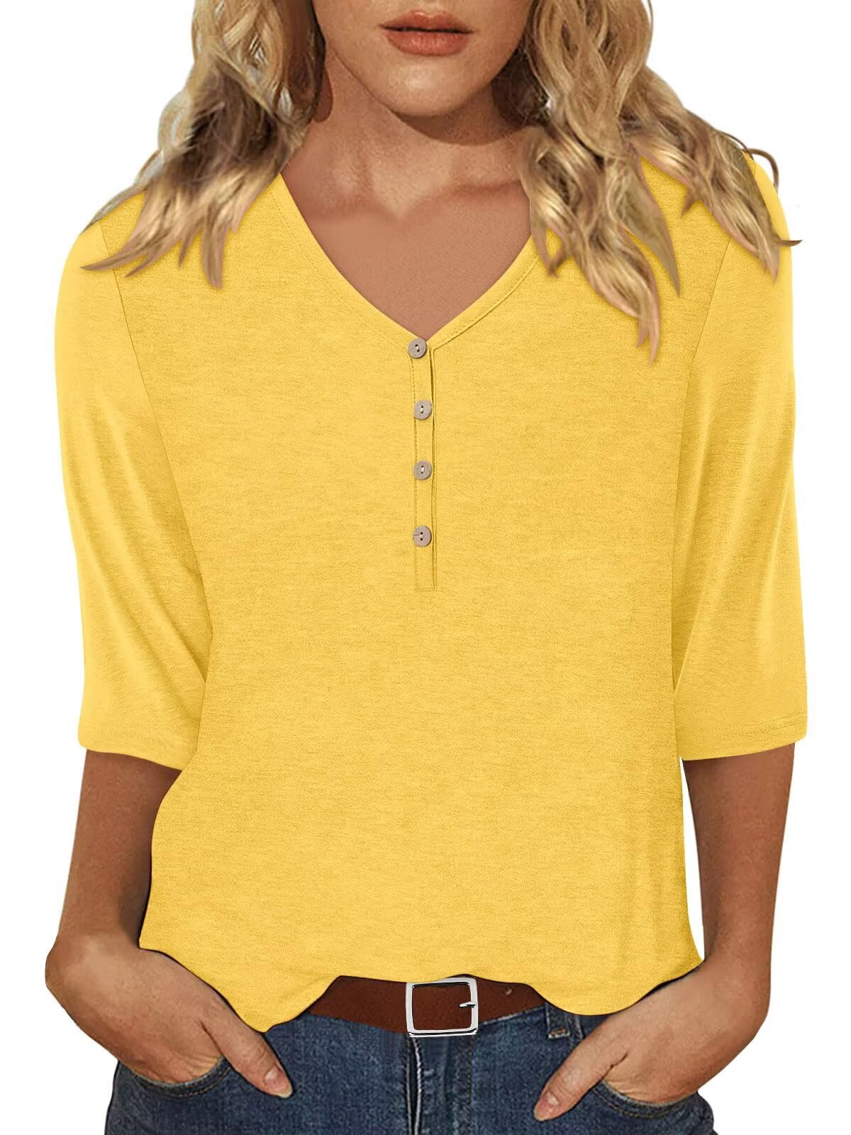 KISSMODA Women's Casual 3/4 Sleeve T-Shirts 2025 V-Neck Tunic Tops Cute Tees Blouses Loose Fit Business Work Tee Top