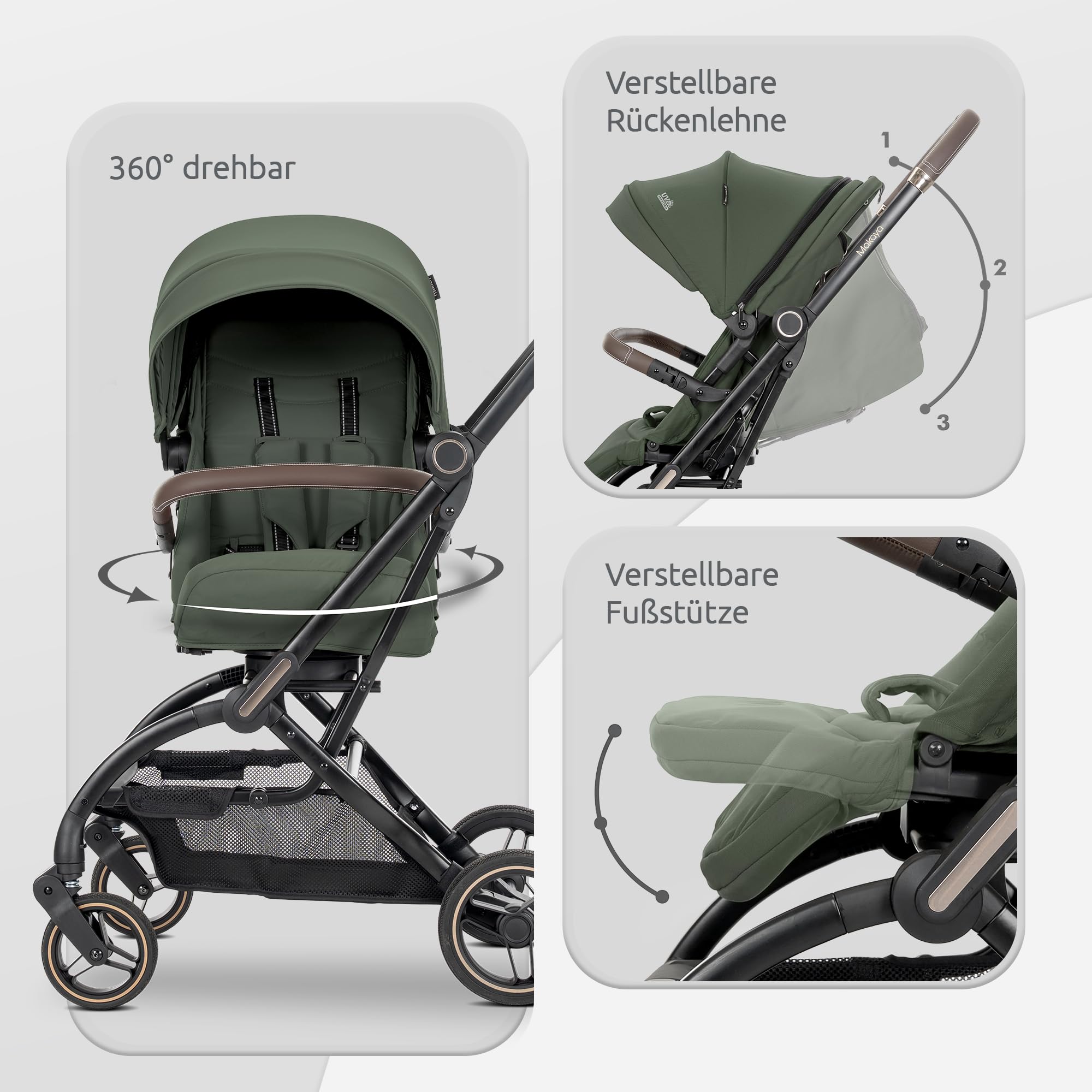 Lorelli Kinderwagen 360 Grad drehbar, Sport Buggy klein zusammenklappbar, bis 22kg, Alu-Rahmen, Grün