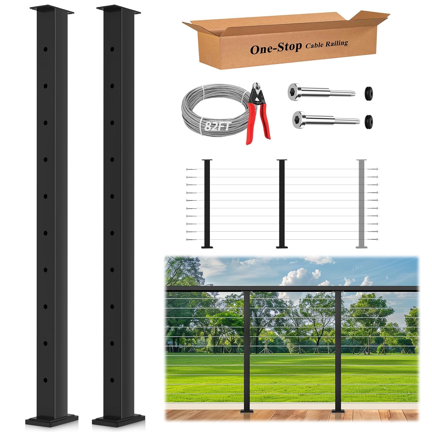 36" One-Stop Cable Railing Post Kits, 2 Pack Flat Top Level Drilled Deck Posts, Cable Railing System Including 2 Railing Posts, 82ft Cable, 20 Terminal, 40 Cable Grommets (No Handrail) 36" Level Posts Kit- 2 Pack 1
