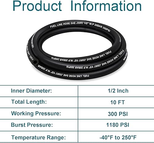 Miniatura 3 de HOUSUN Línea de combustible 12 pulgada de diámetro interior, manguera de combustible 10 pies 300PSI de alta presión, manguera de línea de