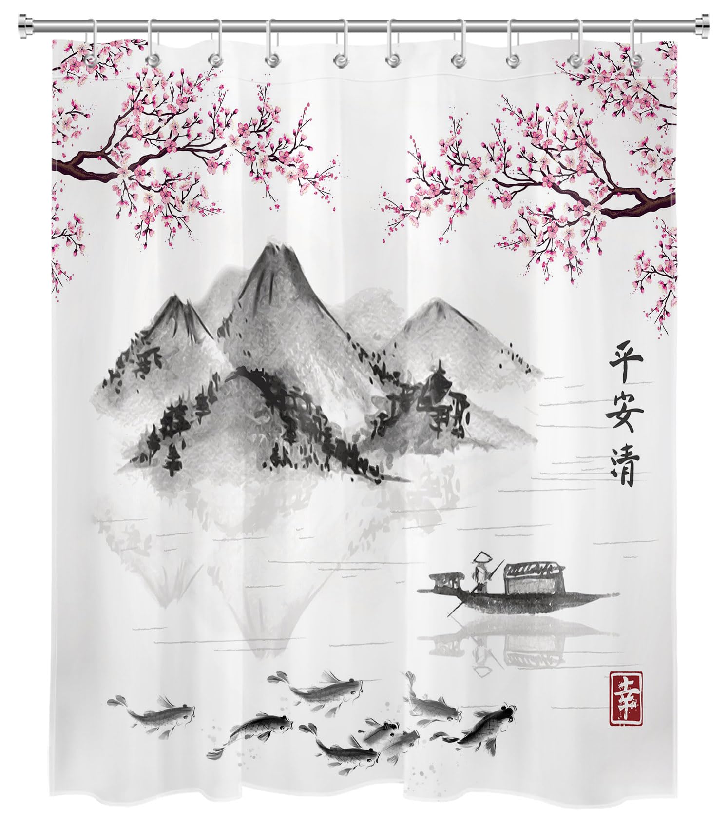 LB Black Grey Mountain Shower Curtain Pink Floral Japanese Fish Shower Curtains for Bathroom Spring Scenery White Polyester Anti Mould Waterproof Small Bath Curtain Set including Hooks,71Lx59W inches - Image 2