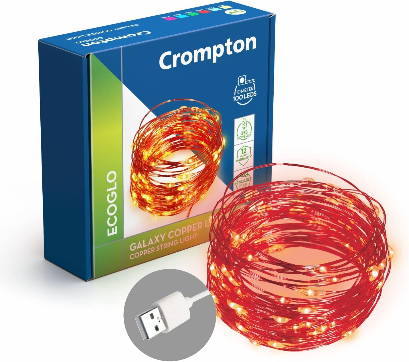 Crompton Galaxy Decoration Copper USB Powered String Fairy Lights with 100 Led Light (10 Meters / 32 Feet, Red, Pack of 1)