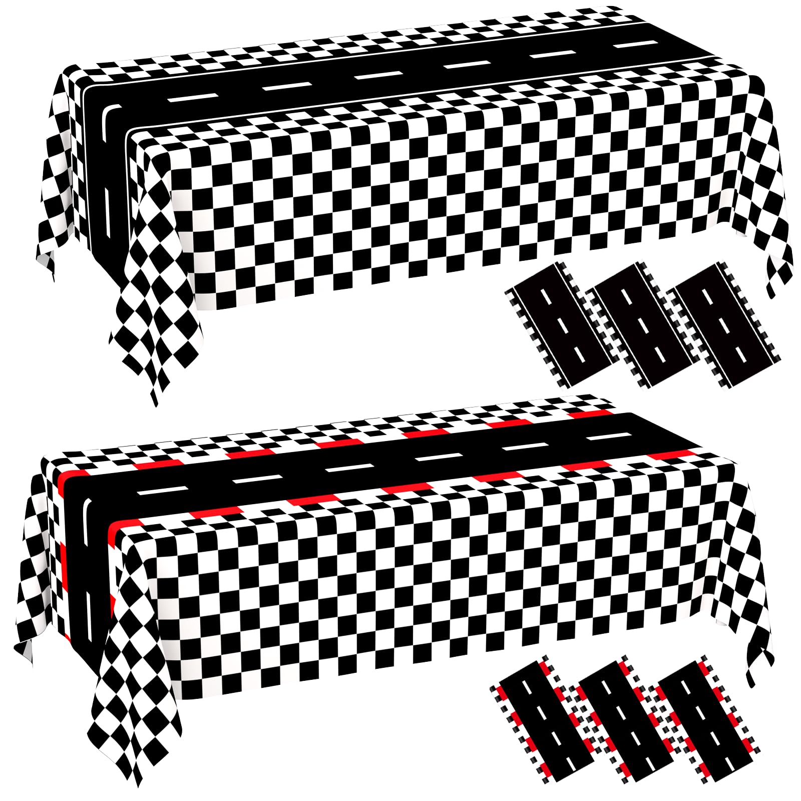 WNINK 6 Pack Race Car Table Cloth and Black White Gingham Tablecloths Disposable Plastic Buffalo Check Tablecloth Checkered Flag Covers for Birthday, Outdoor Picnic, Birthday, Camping 54 × 108 Inch