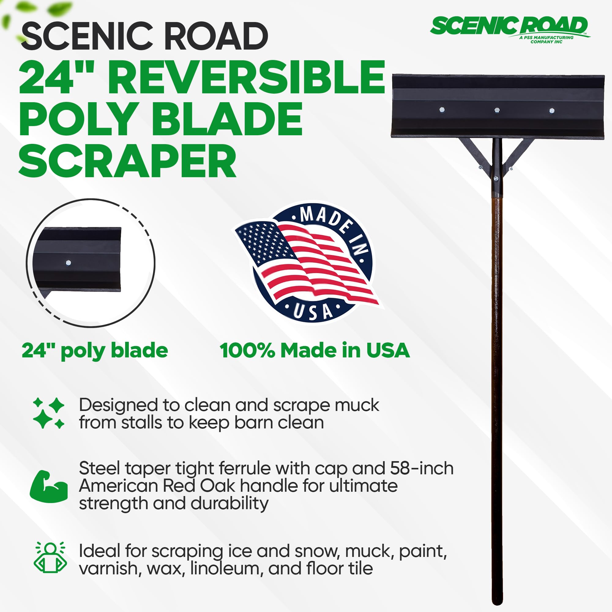 SCENIC ROAD Barn and Stable Scraper - Durable Poly Construction, 24-inch Reversible Blade - Ideal for Horse Stall Maintenance and Multi-Purpose Cleaning