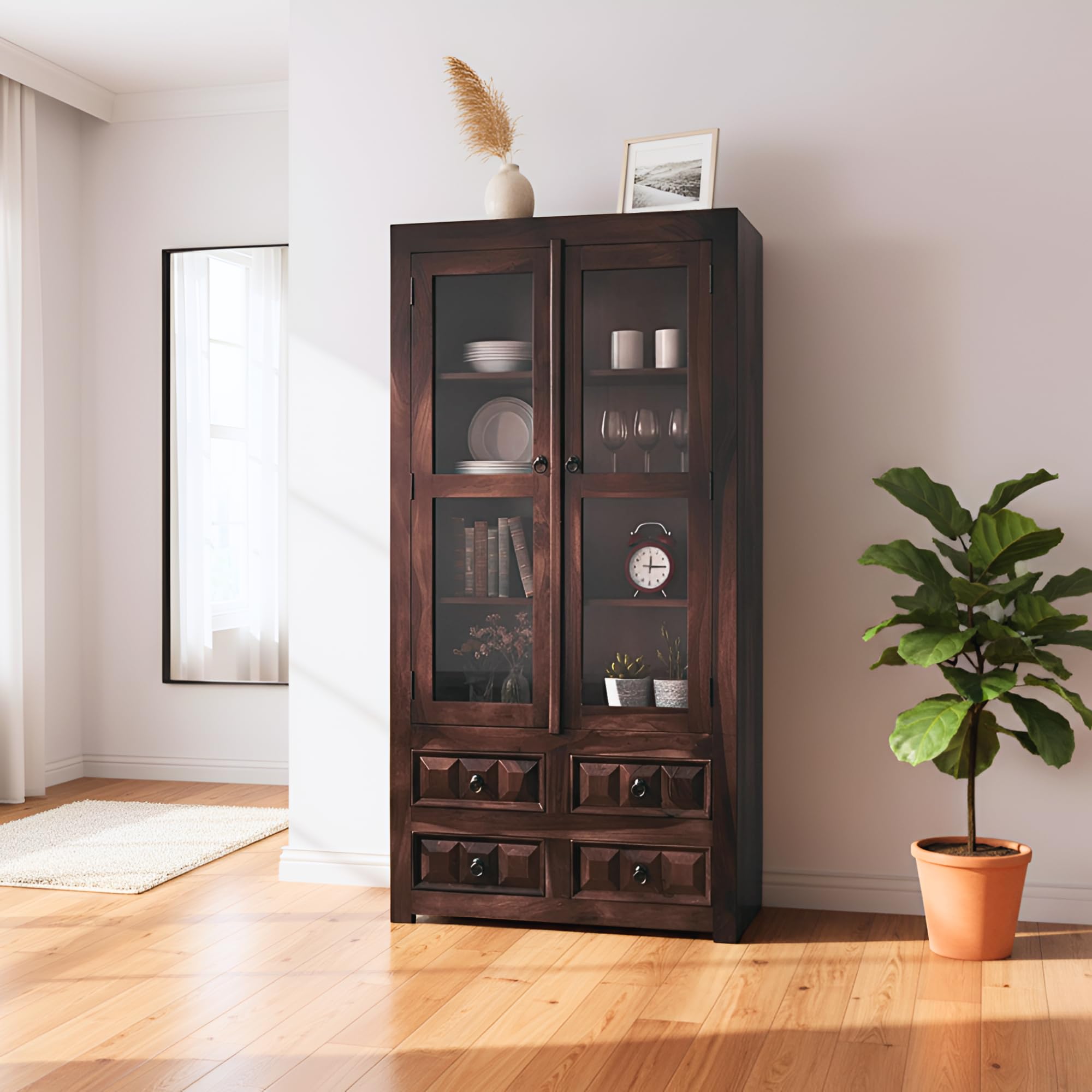 SONA ART & CRAFTS Solid Sheesham Wood Kitchen Cabinet | Crockery Rack with Door for Kitchen and Home Furniture- Walnut Brown Finish discount deal
