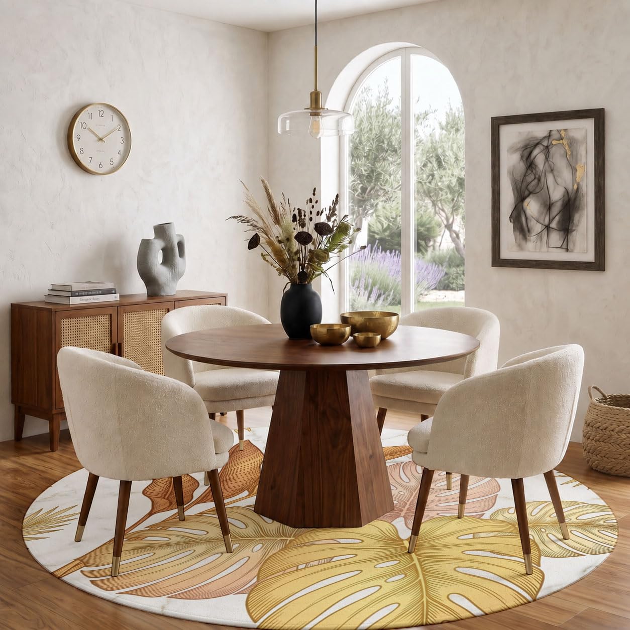 Tappeto Salotto Rotondo Grande Pelo Corto, Monstera Deliciosa Foglie Banano Grandi Antiscivolo Tondo Moquette, Soggiorno Bambini Camera,Cucina,Bagno,Domestica Decor Tappeti (Ø 100 cm,Oro)