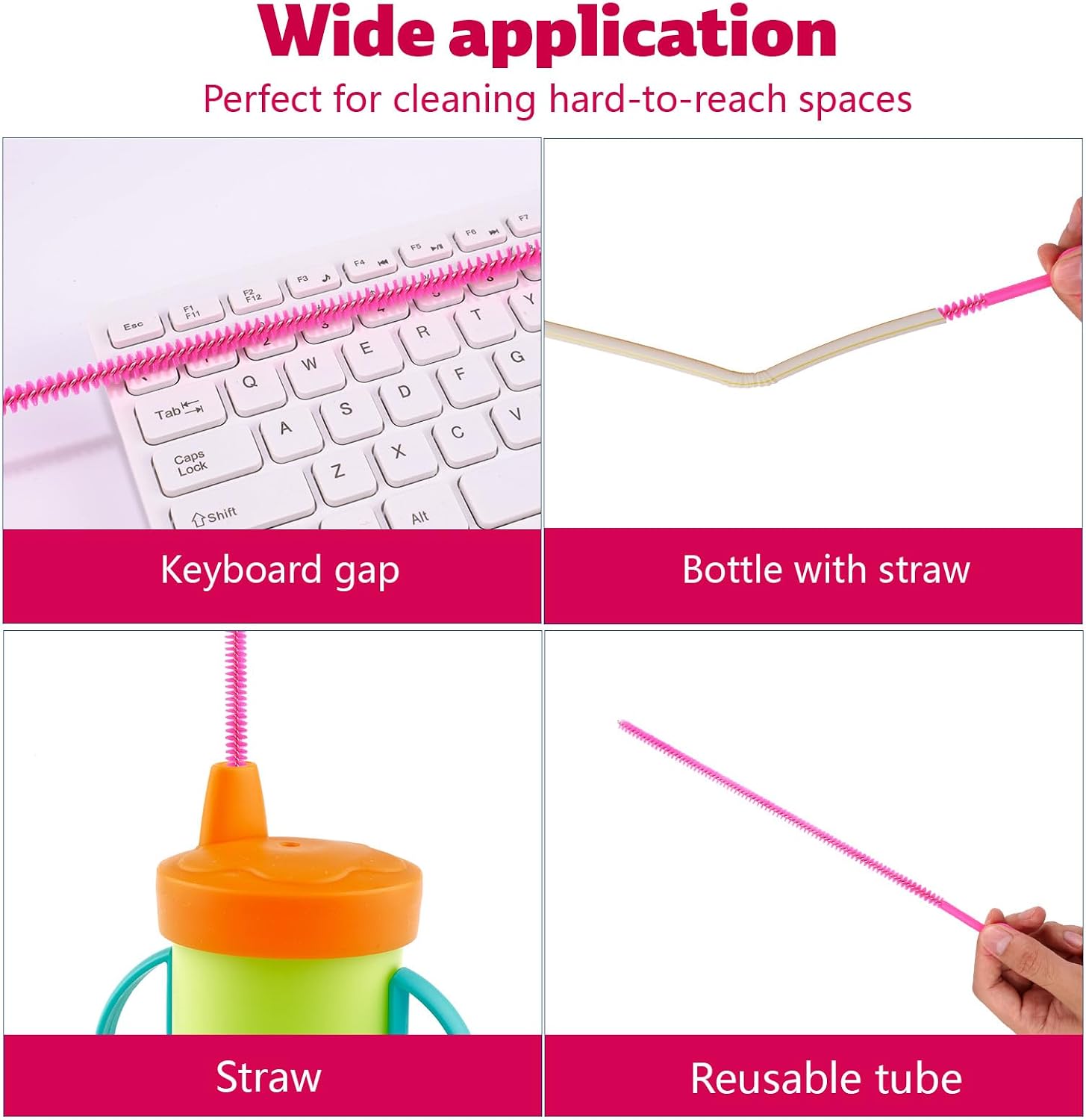 4pcs Straw Cleaner Brushes for Stanley, 12.6in Extra Long 3 Sizes Full Bristles Coverage Reusable Drinking Straw Brush Cleaning Accessories for Water Bottle Tumblers Sippy Cup Tube (Rose Pink)