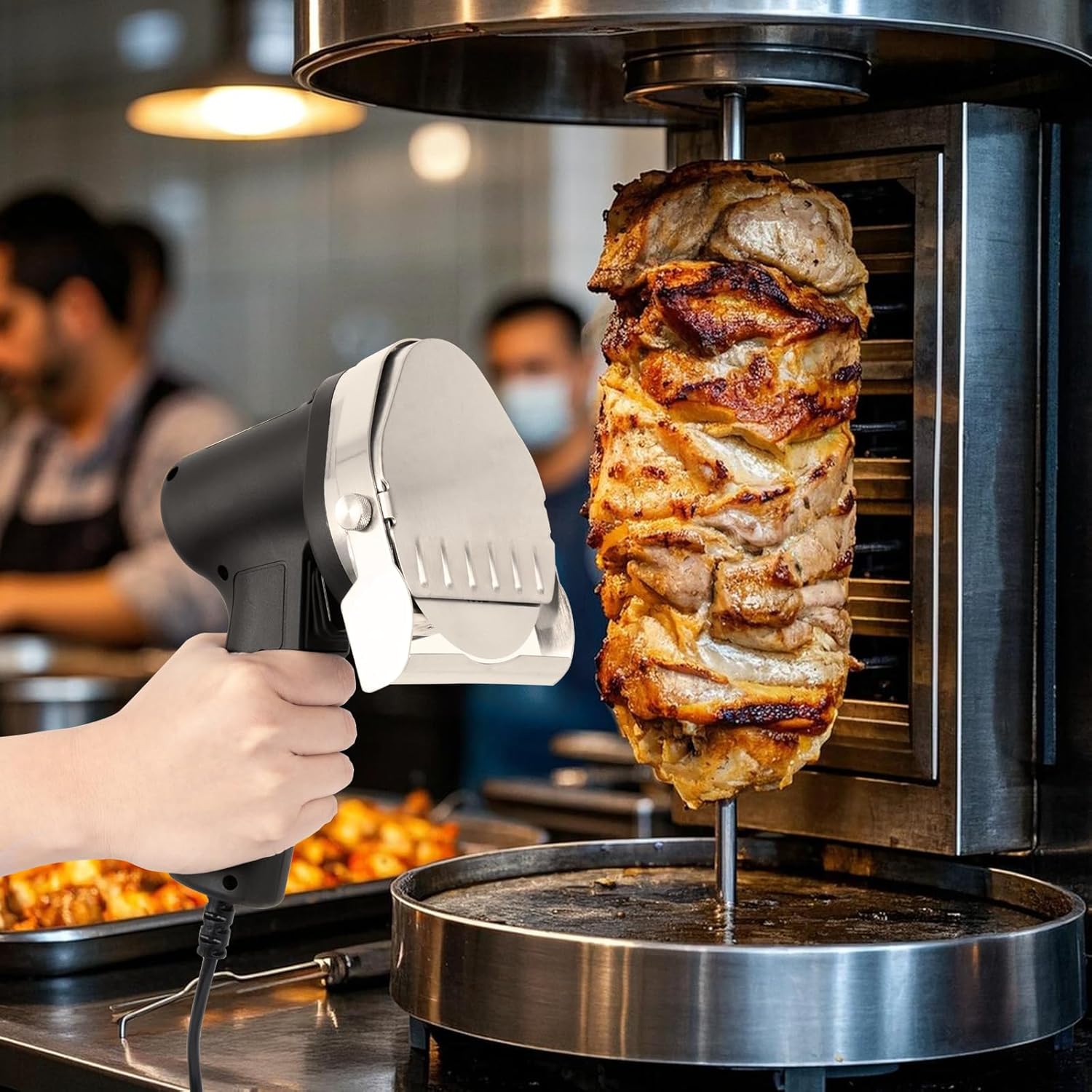 Electric Kebab Knife 80W Commercial Shawarma Turkish Knife Slicer Gyro Cutter 2800 RPM with 2 Blades Adjustable Thickness 0-8mm（Strip Line，Flat）