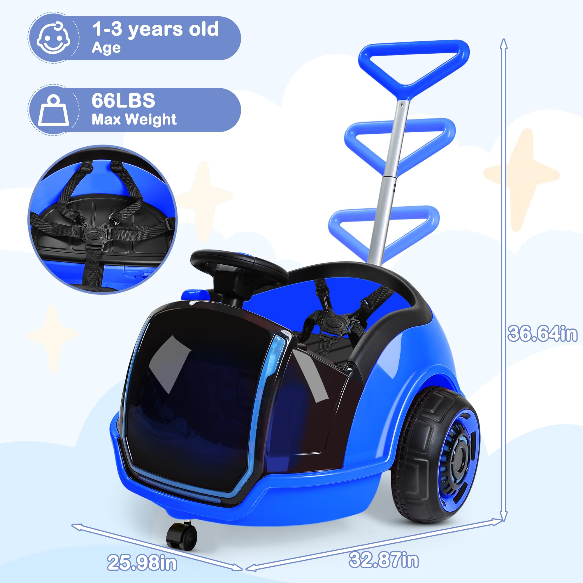 ANPABO 3-in-1 Electric Push Ride On Car, 12V Kids Ride On Toy w/Remote Control, 360° Spin, 5-Point Safety Belt, Colorful LED Light, Music Player, Push Car for Toddler Ages 1-3 (Blue) — view 6