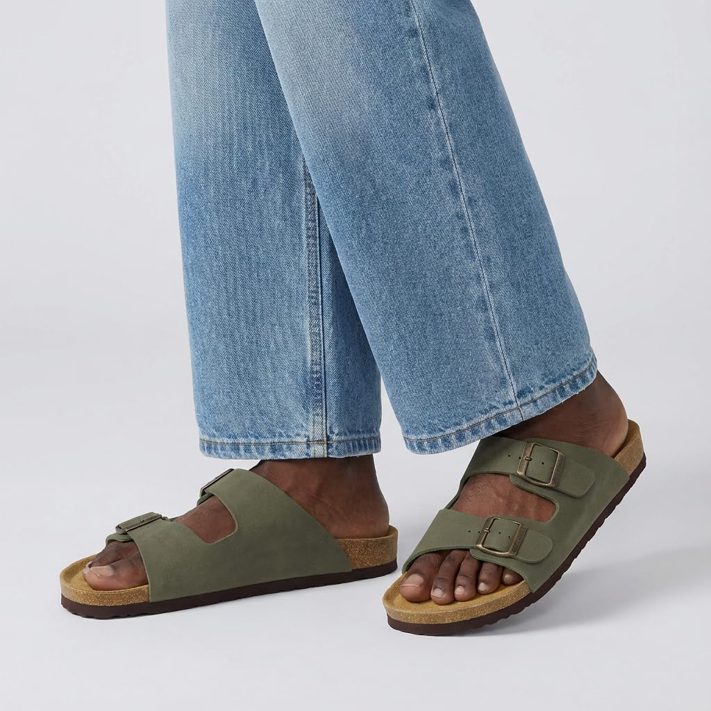 CUSHIONAIRE Lane Cork Footbed Mens Sandals, Adjustable Buckle Comfort Slides for Men, Genuine Leather Insole Summer Sandals Men Footwear