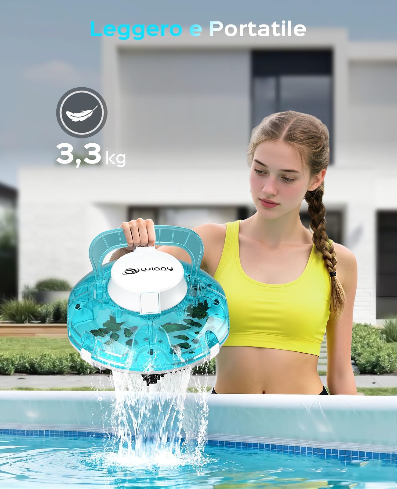 WINNY POOL CLEANER Winny 200 Robot Piscina, Piscina Senza Fili con Batteria, Autonomia 75 Min per Piscine Fuori Terra 60 m², Doppia Filtrazione, Parcheggio Automatico(Blu Marino-Bianco)