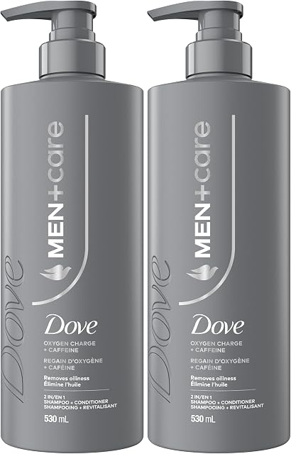 Dove Men+Care Oxygen Frais 2-in-1 Shampooing + Conditionneur pour supprimer l'huile et le résidu de charge d'oxygène avec caféine, 530 ML(Boîte de 2)